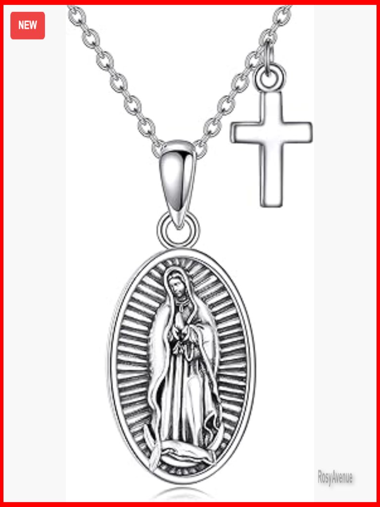 Sterling Silver Virgin Mary Cross Pendant Necklace 18 Inch Chain